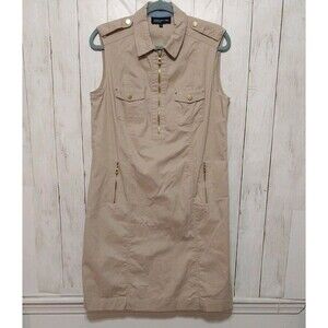 Jones New York Classic Utility Khaki Dress Gold Buttons Zipper Collar 12 Womens